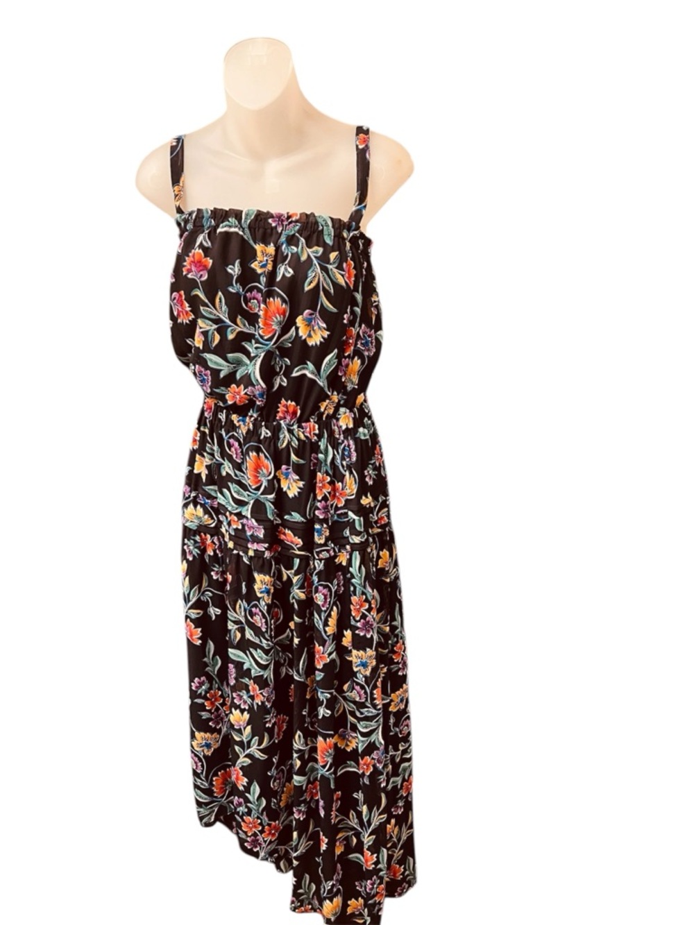 Ramy Brook Floral Tiered Midi Dress Small Black Boho Adjustable Strap Resort - Picture 7 of 9